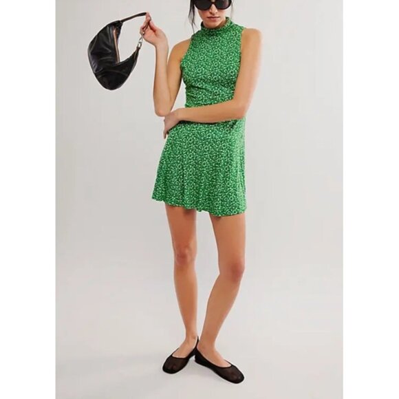 Free People Check It Mini Dress boho floral green‎ beach sz XS - Picture 1 of 9